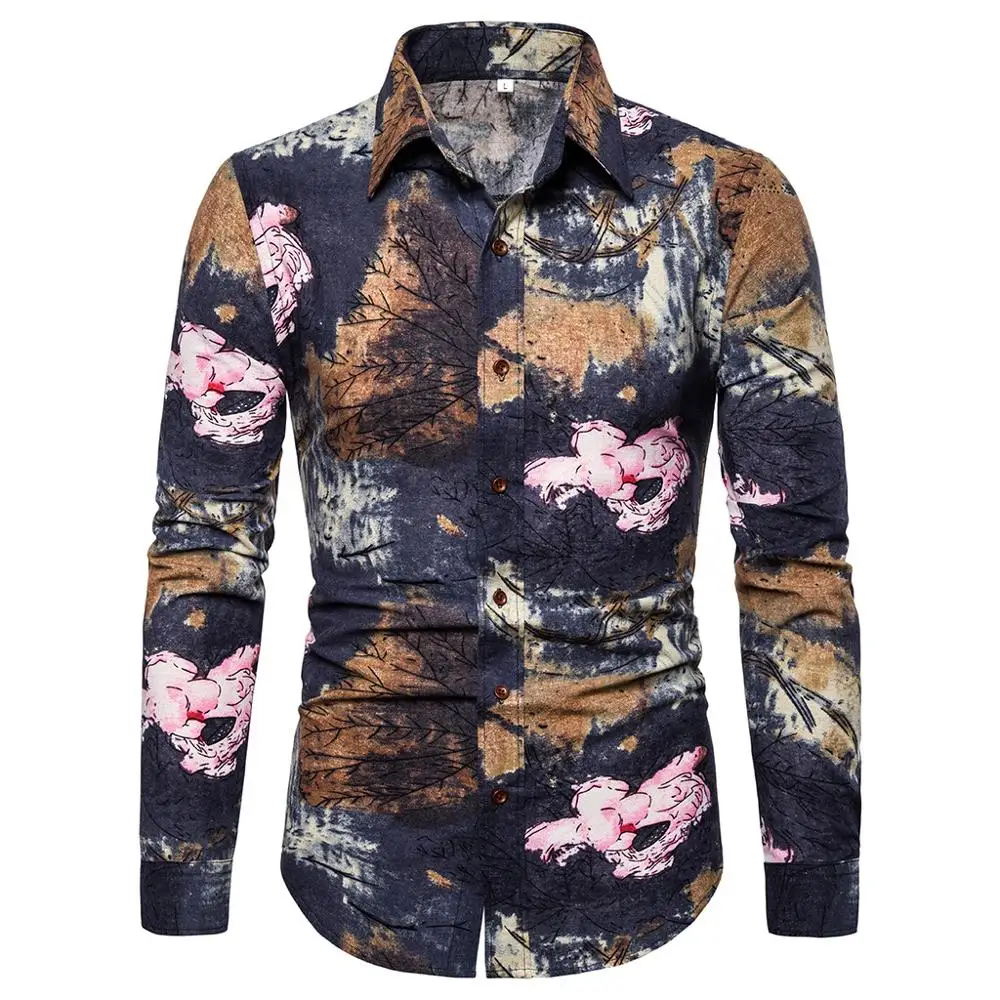

New Spring Men Casual Shirts Fashion Long Sleeve Brand Printed Button-Up Formal Business Polka Dot Floral Men Floral Shirt M-5XL