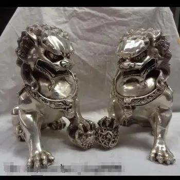 

zhmeru00453@++Chinese Silver Wealth FengShui Foo Fu Dog Guardian Lion Ball Bronze Statue Pair