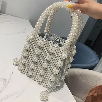 

1PC Brand Designer Handbags Handmade Beaded Retro Pearl Bag Woven Mini Female Diagonal Mobile Phone Bag New Evening Bag