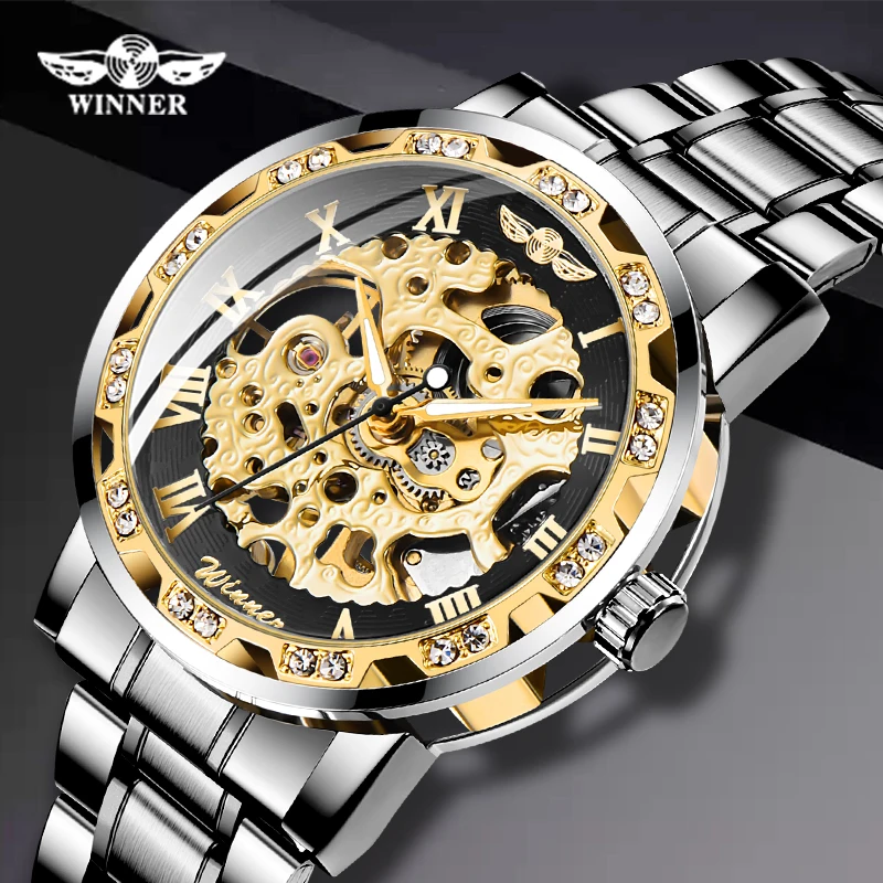 

Top Brand Luxury WINNER Retro Stainless Steel Men Watch Sport Mechanical Skeleton Watches Cool Design Diamond Clock