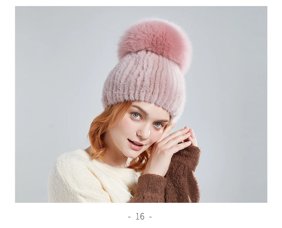 ENJOYFUR женские меховые шапки для зимы, шапка из натурального меха норки с помпонами из меха серебристой лисы, теплые вязаные шапочки, шапка, меховая шапка
