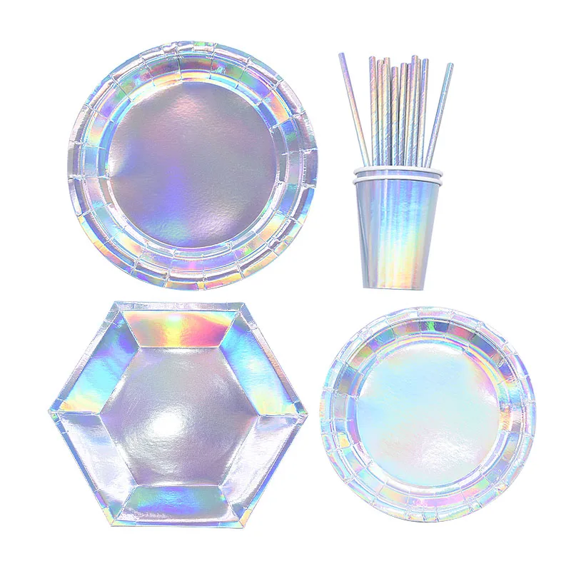 Лазерные одноразовые наборы посуды шикарные бумажные тарелки стаканчики соломы для свадьбы, дня рождения посуда для дома вечерние принадлежности для барбекю