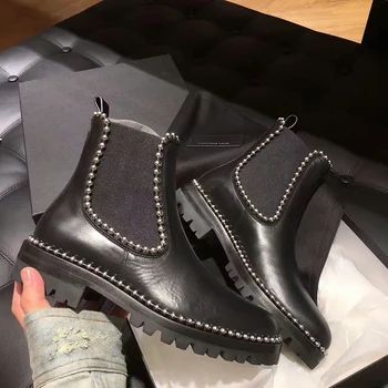 

Platform Women Ankle Boots Brand Rivets Cowboy Boots Stretch Shoes Woman Black Leather Botas Mujer Beading Biker Chelsea Boots