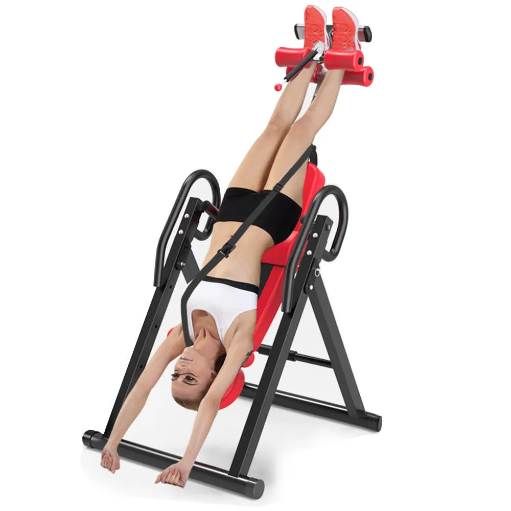 US $135.63 Heavy Duty Integrated Steel Frame Adjustable Foldable Ergonomic Inversion Table Fitness Equipment Black Red