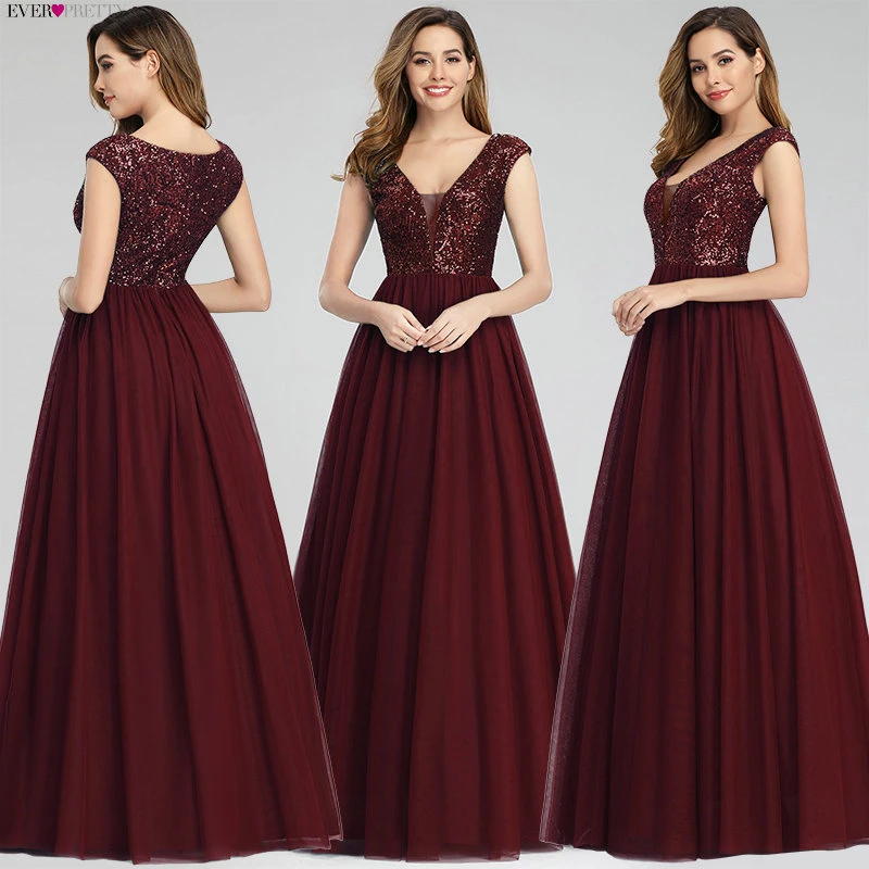 New Arrival Ever Pretty Sequined Prom Dresses Long A-Line V-Neck Elegant Sparkle Tulle Gala Dresses Mezuniyet Elbiseleri