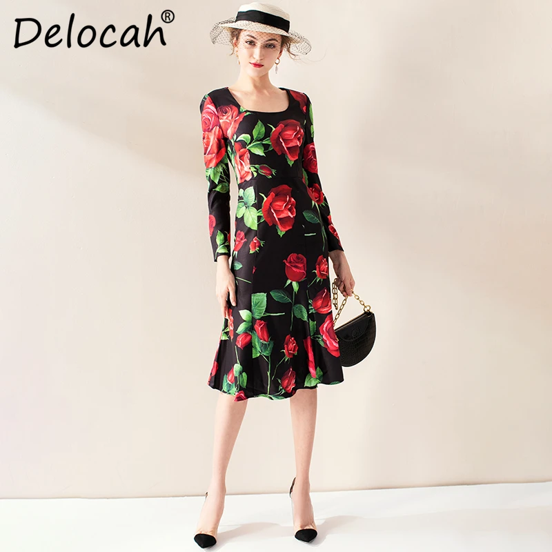 Delocah, осенне-зимнее женское платье, подиумное, модное, дизайнерское, с длинным рукавом, великолепное, с оборками, с принтом розы, элегантное, тонкое платье