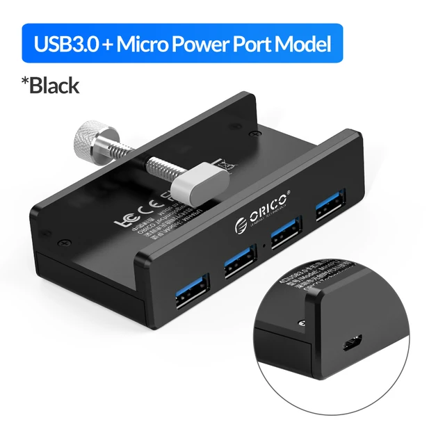 ORICO Clip-type USB 3.0 HUB Aluminum External Multi 4 Ports USB Splitter Adapter for Desktop Laptop Computer Accessories(MH4PU) USB 3.0 Power Black