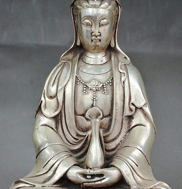 912+++ 1" Китайский буддизм Серебряная ваза Kwan-yin Guan Yin Boddhisattva статуя богини