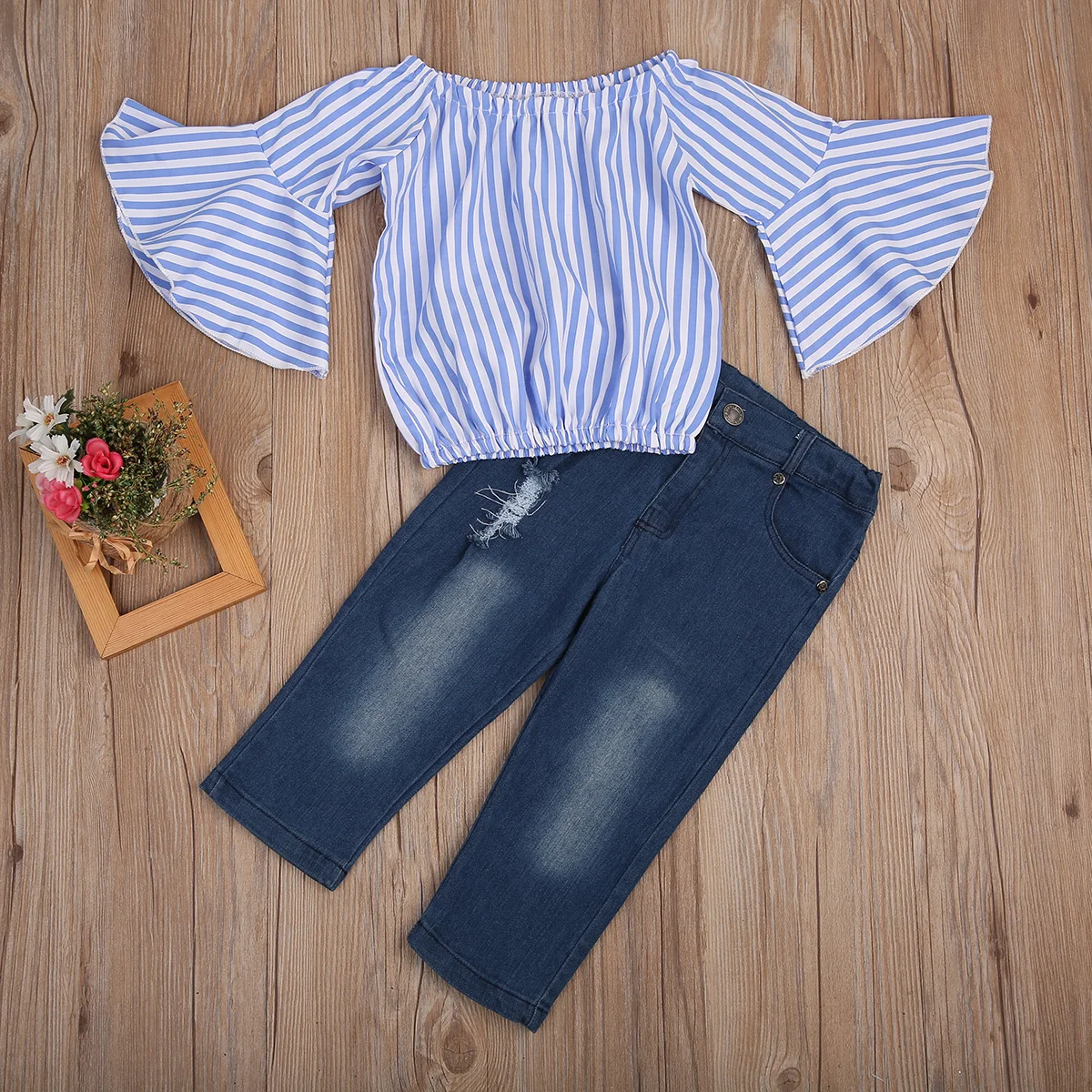 2 шт. Детская Хлопковая футболка в полоску с открытыми плечами|Комплекты одежды| |