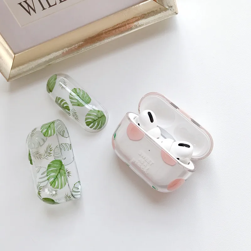 Прикольного персика рисунок банановых листьев чехол для Apple Airpods Pro/2/1 крышка мультфильм Bluetooth наушники прозрачный Жёсткие Чехлы для Airpod Funda