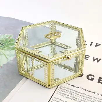

Gold Trinket Box, Vintage Jewelry Box Jewelry Organizer Handmade Brass Edge Vintage Mirrored Glass Hexagonal Vanity Box