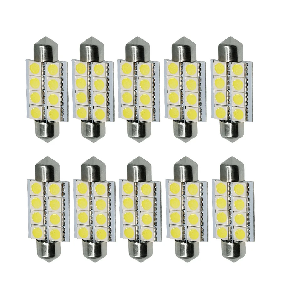 NHAUTP 10Pcs C5w Led Festoon 41mm 42mm Bulbs 5050 8-SMD Car License Plate Lights Interior Reading Lamp White DC12V | Автомобили и