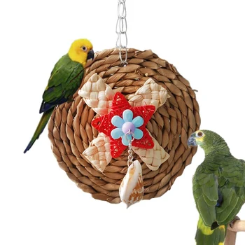 

Bird Sewing Chew Toy Woven By Natural Corn Bracts With Shells Decoration Parrot Cage Hanging Disc Decoration pet toy parrot