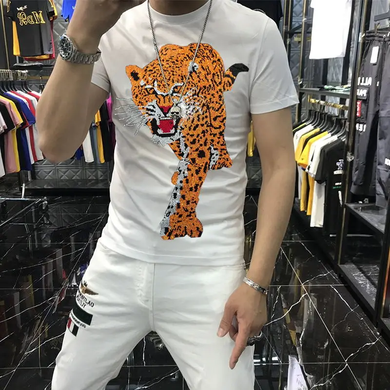 Luxury Fashion Men Rhinestone Brown Black Blue Pink Short Sleeve Slim  T-Shirt