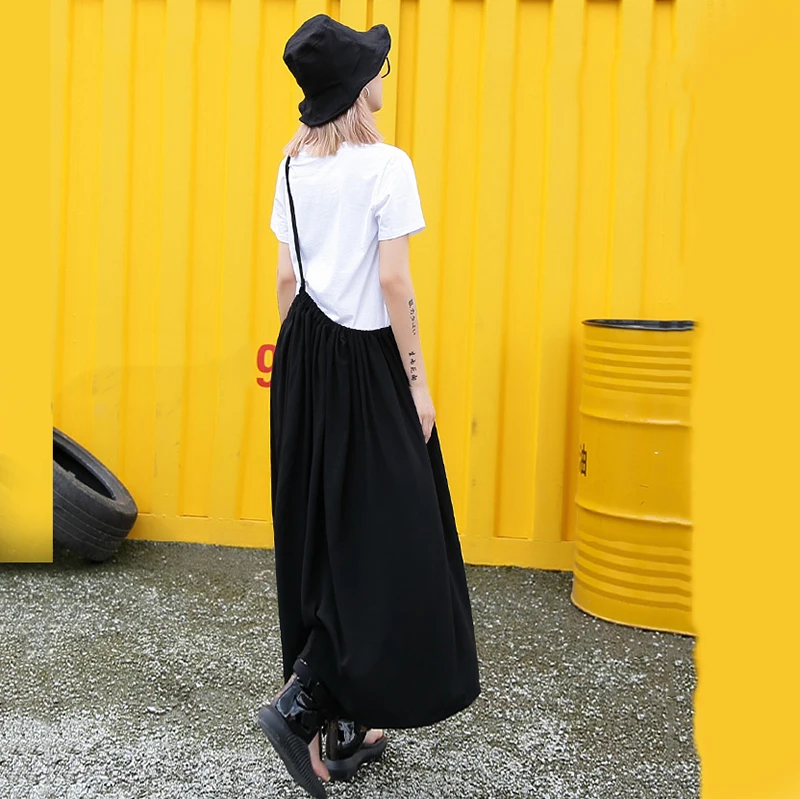 [EAM]  Half-body Skirt Two Pieces Suit New Round Neck Short Sleeve Black Loose Women Fashion Tide Spring Autumn 2020 1T788