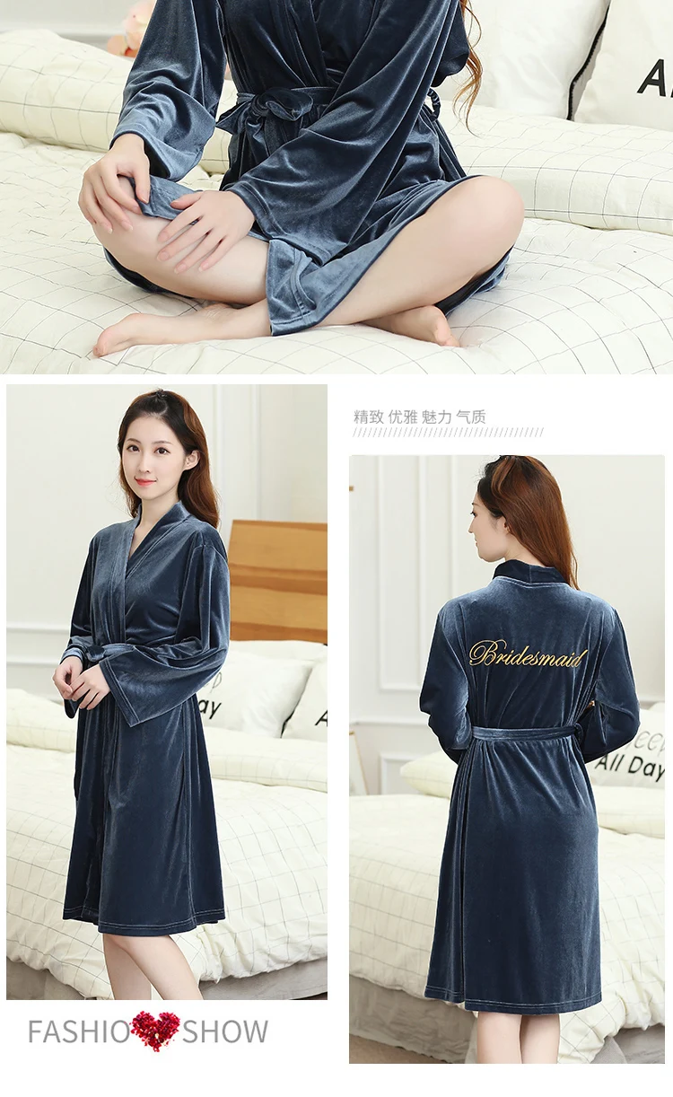 Women's nightgowns Winter High-grade Comfortable V-neck Thickened velvet elastic waistband Pure color woman bathrobe Embroidery