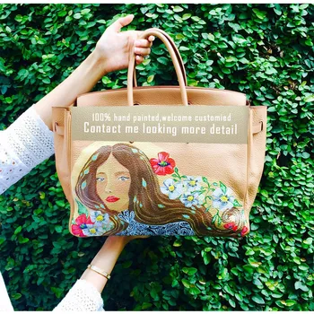 

Artistic hand paint girl 2020 Solid Tassel Pendant Large Capacity Korean Shopping Travel Hand Bag women bag Flower Printed bags