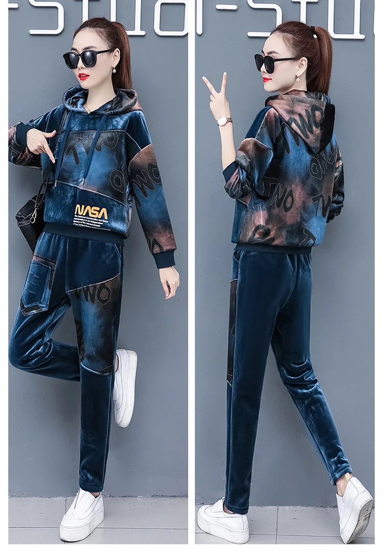 Plus Size Velvet Two 2 Piece Set Tracksuit For Women Warm Thick Outfits Hoodies Pant Suit Winter Festival Clothing Matching Sets