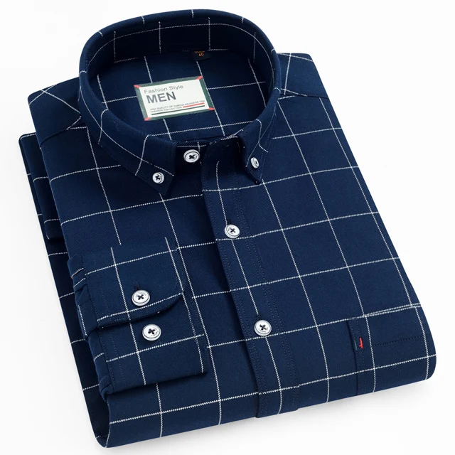 Мужские рубашки-оксфорды из хлопка премиум-класса с пуговицами и одним накладным карманом, повседневная клетчатая рубашка с длинными рукавами в полоску - Color: 91038-15