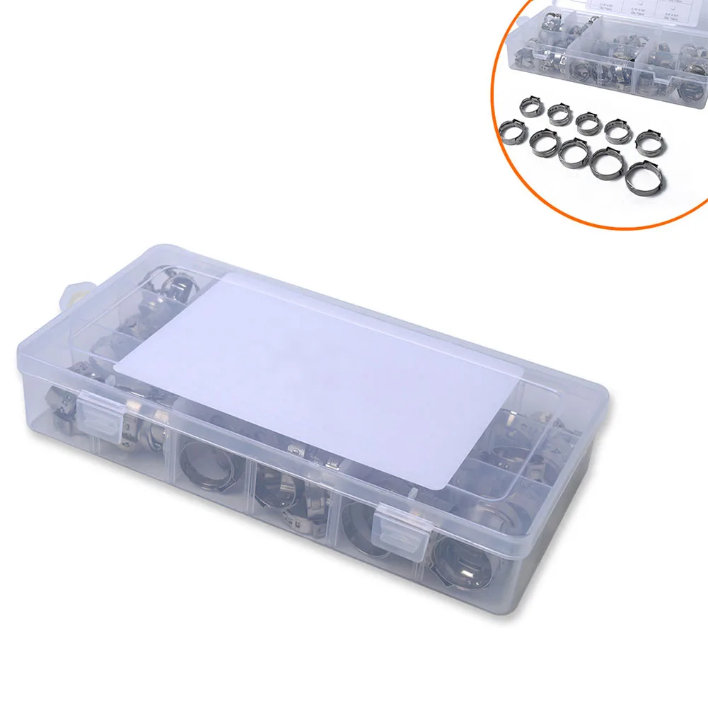 100Pcs Single Ear Tube Assortment Hose Clamp Set Multifunction Pipe Clip Stainless Steel Fuel Water Fastener Hoop Fixed Tool
