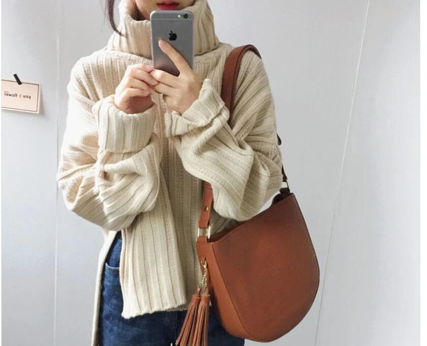 

Autumn Winter White Turtleneck Sweater Korean Style Women Black Ribbed Pullover Sweater Slit