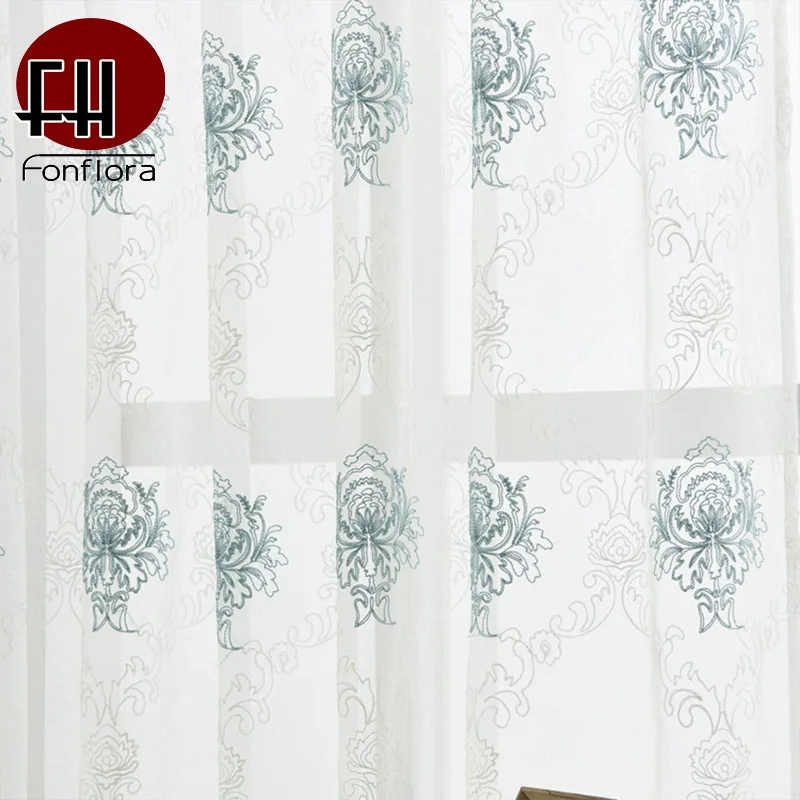 

Europe Embroidered Tulle Curtains For living Room Sheer Curtains For Bedroom Blue Flower Voile Custom Size Door Window Curtains