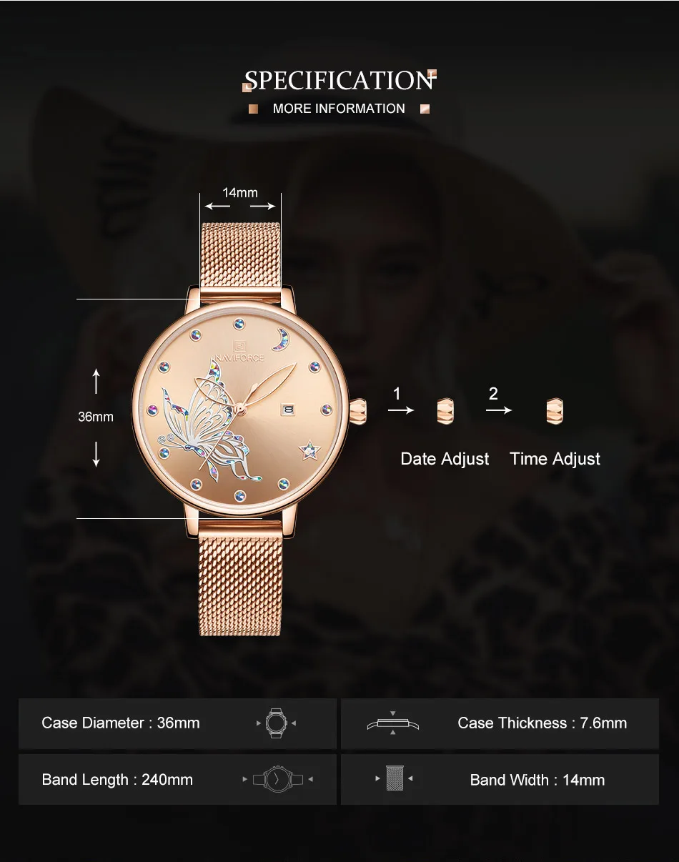 NAVIFORCE, модные роскошные женские часы с кристаллами, водонепроницаемые, розовое золото, сталь, сетка, кварцевые женские часы, Лидирующий бренд, Relogio Feminino
