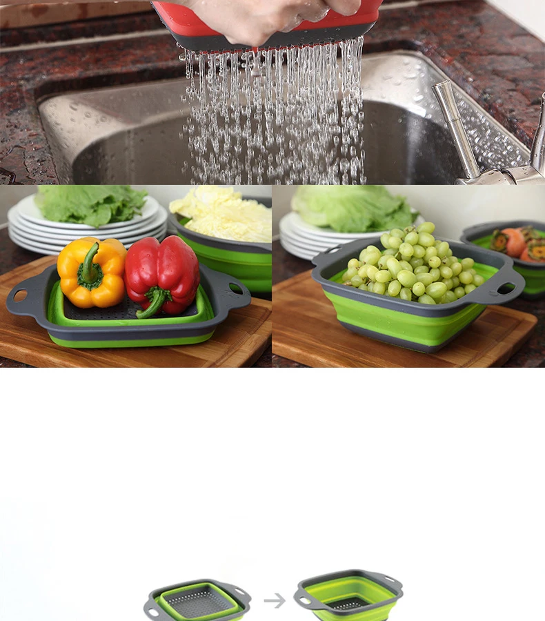 2pcs/set Foldable Silicone Colander Fruit Vegetable Washing Basket Strainer Collapsible Drainer With Handle Kitchen Tool