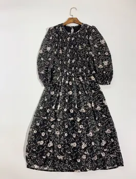 

Women Dresses 2020 New Black Floral Chiffon Puff Sleeve Midi Dress