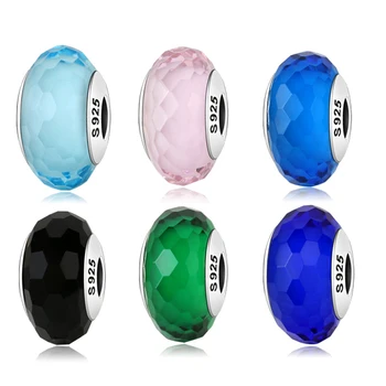 

100% 925 Sterling Silver 6 colors Cutting Murano Glass Beads Fit pandora charm silver 925 original Bracelet Jewelry Making Gift