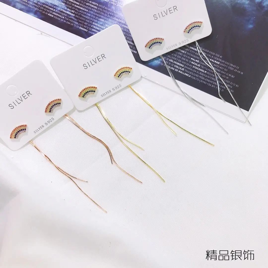 

Real 925 Sterling Silver Tassel Dangle Earrings Women Refinement Spike Separable Drop Earrings Colorful Rainbow Mosaic Zirconia