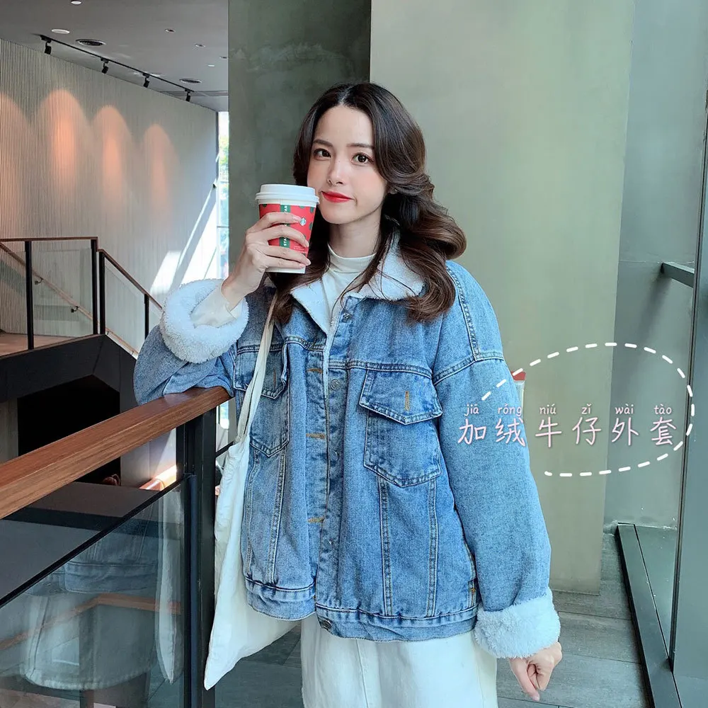 

2019 Winter New Style Loose-Fit Korean-style Short-height Western Style plus Velvet Lambs Wool Jeans Coat Women Coat