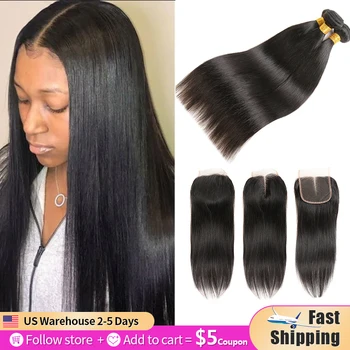 

Straight Bundles With Closure 4x4 Brazilian Human Hair With Closure Natural Color Non-Remy Hair Weave Bundles With Closure SOKU