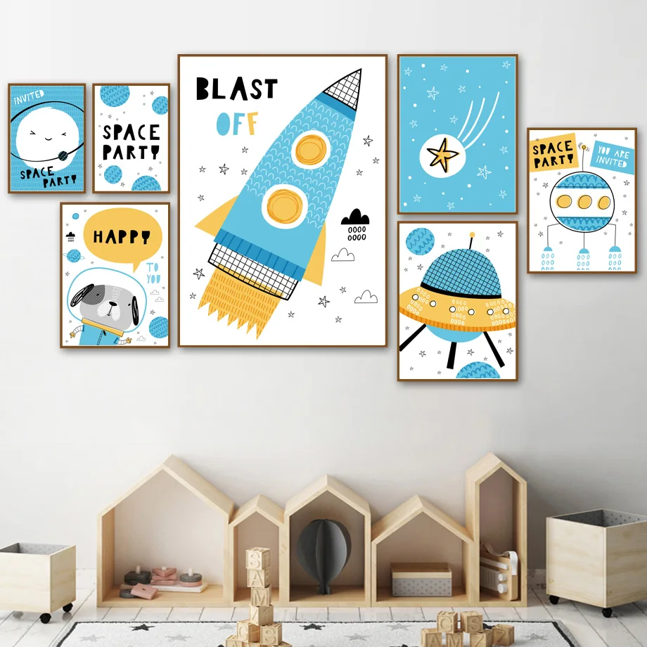 Cartoon Space Rocket Dog Star Earth Nordic Poster E Stampe Wall Art Canvas Painting Nursery Wall Picture Baby Kids Room Decor