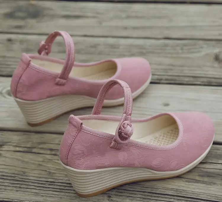 Chinese Style Button Strap Wedge Pumps for Women Retro Cotton Summer Shoes Ladies Dress Espadrilles Vintage Female Sandals