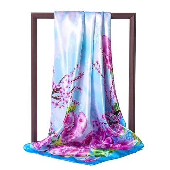 

Foulard Women Neck Scarf Square Silk Shawls Beach Wraps Lady Floral Print Hijab Scarves Pashmina Bandana 90*90 Cm
