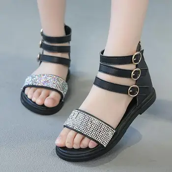 

Rhinestone Kids Sandals 2020 Summer Baby Girls Fashion Gladiator Sandals For Children Black Flat Toddler Brand Soft Shoes