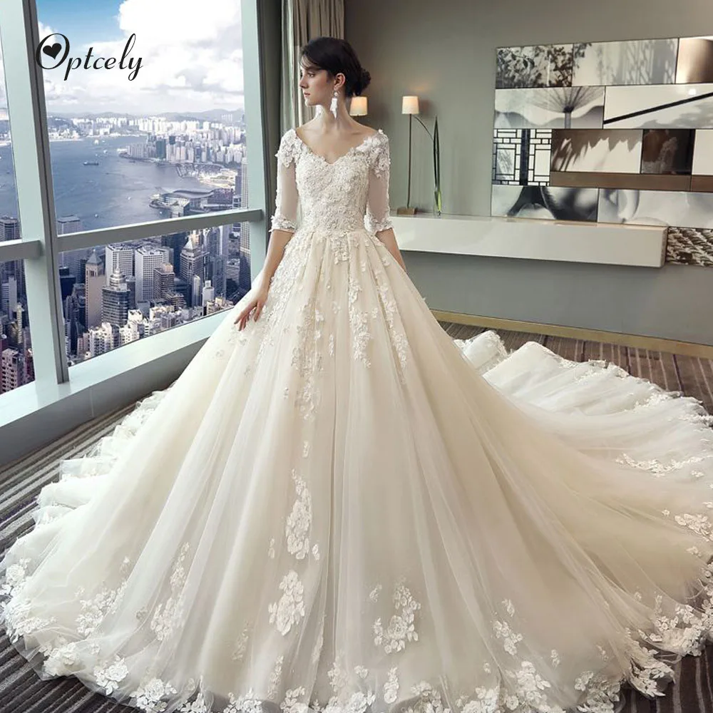 Optcely элегантное бальное платье с v-образным вырезом и коротким рукавом, свадебное платье 2019, Роскошные Аппликации, украшенные бисером