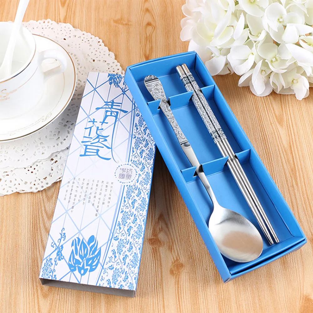 Kitchen Utensils Cartoon Stainless Steel Chopsticks Spoon Suit Tableware Crafts Engraving Patterns Blue And White Porcelain