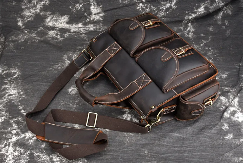 PNDME simple high quality crazy horse cowhide men's briefcase multi-pocket vintage business genuine leather laptop messenger bag