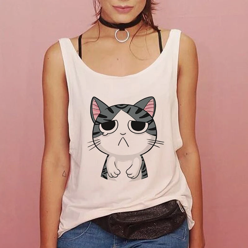 Летние Для женщин без рукавов с круглым вырезом Футболка модная черная кошка с милым мультипликационным принтом в стиле Харадзюку Повседневные принты без рукавов с О-образным вырезом на шее Для женщин белая футболка