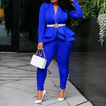 African Women Sets 2 Pieces Elegant Office Ladies Work Blue Ruffle Coat Tops Pants Business Female Clothing Sets Suits NO Belt