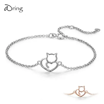 

100% 925 STERLING SILVER CAT AND HEART LINK CHAIN BRACELETS & BANGLES FOR WOMEN ROSE GOLD COLOR AUTHENTIC SILVER JEWELRY SCB102