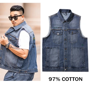 

97% Cotton Brand Summer Sleeveless Men's Denim Vest Blue Motorcycle Biker Jacket Men Plus Size Chaqueta Hombre Hip Hop Jeans New