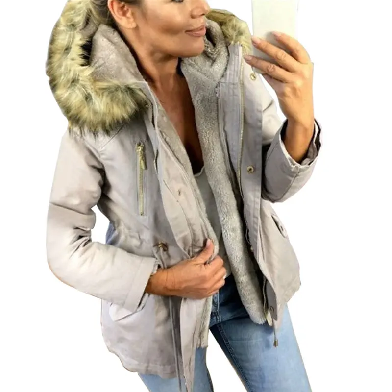 ##BUY New Women Winter Hooded Coat Solid Thickening Cotton Pocket Zipper Up Jacket with Fur Collar Leisure Female Coats And Outwear