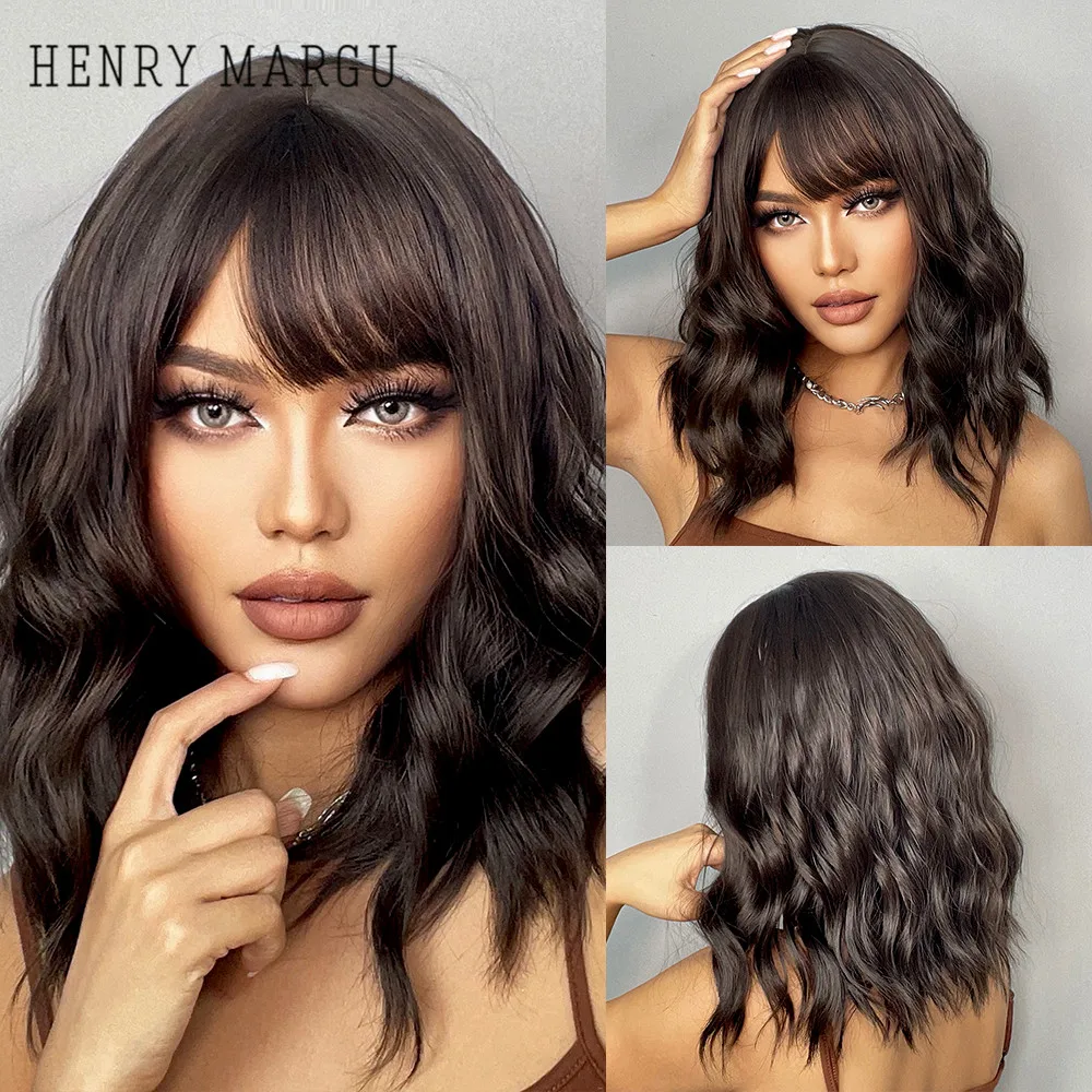 HENRY MARGU Short Bob Wavy Synthetic Wigs with Bangs Dark Brown Curly Natural Hairs for Women Cosplay Party Heat Resistant Wigs