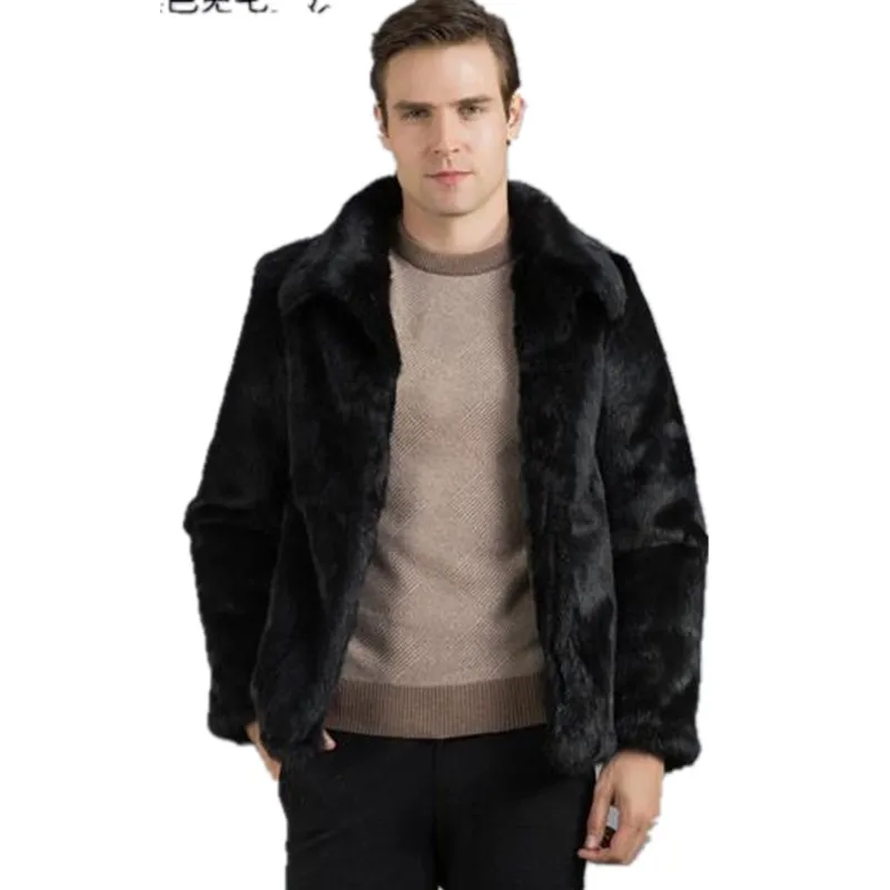 black down collar Vetement Outwear Plus Size Men Casual Faux Fur Coats Thicken Winter Fluffy Male Faux Rabbit Fur Jackets Overcoats WR648 - Цвет: black down collar