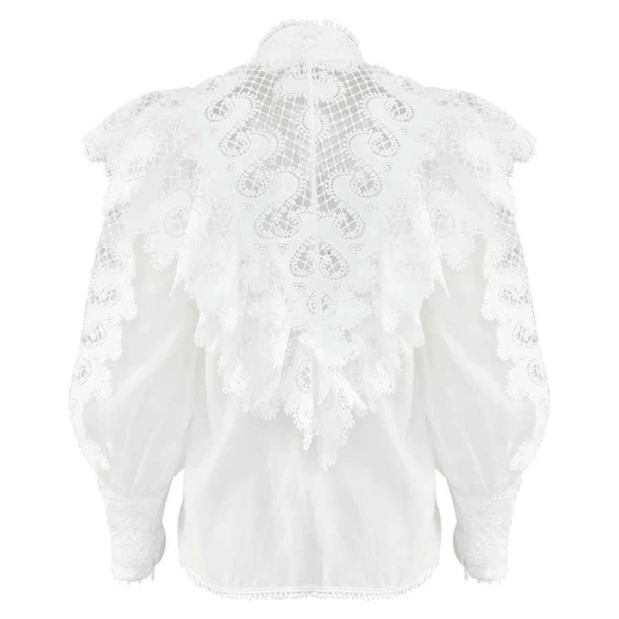 Осенняя однотонная белая женская блузка с геометрическим узором, вышитый топ с оборками, водолазка с рукавами-фонариками, элегантные рубашки
