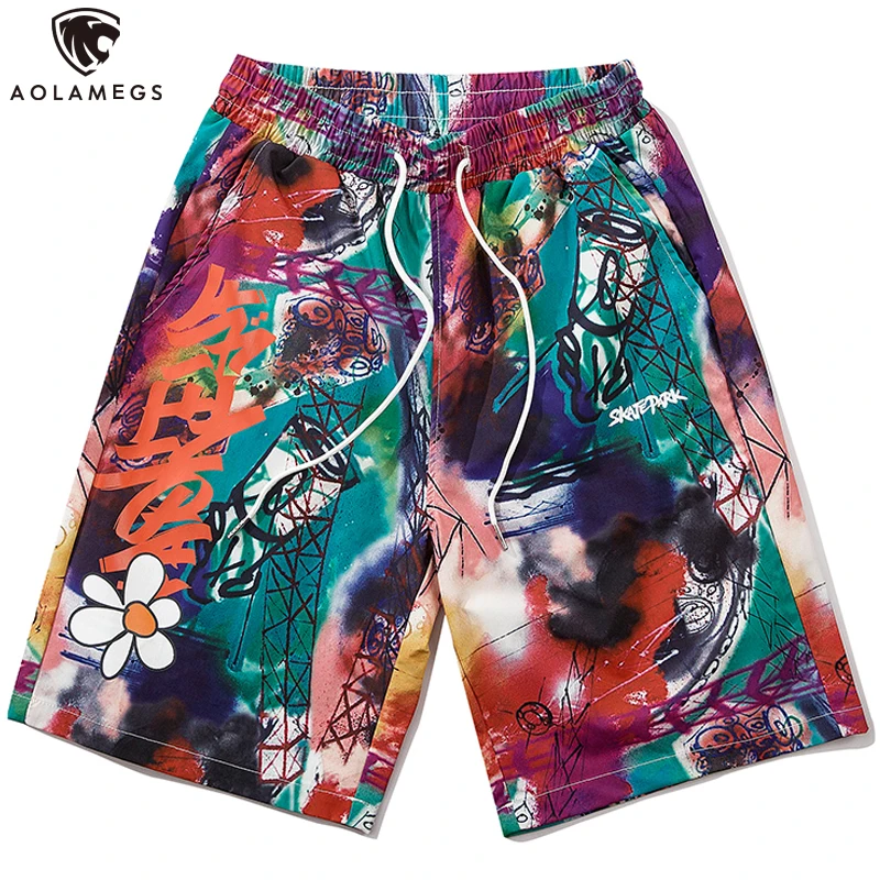 

Aolamegs Shorts Men Retro Watercolor Printed shorts Drawstring Bermuda Beach Knee-length Shorts Summer Holiday Style Sweatpants