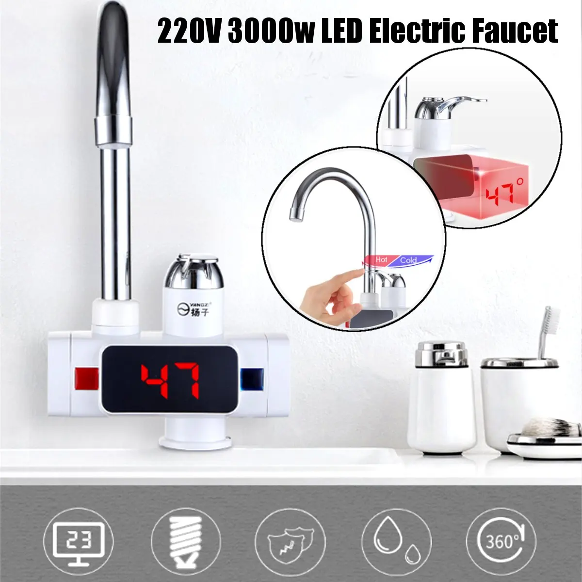 

220V 3000W Hot Water Heater Instant Electric Faucet Tap Stainless Steel Under Inflow LED Display Bathroom Kitchen 360 Degree